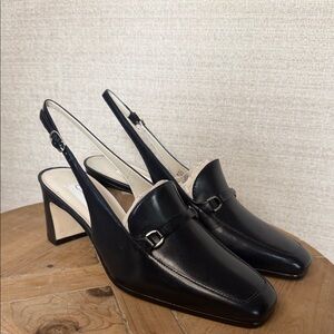 Calico Leather Slingback Heels – Women’s 6.5 – Black Square Toe Block Heel